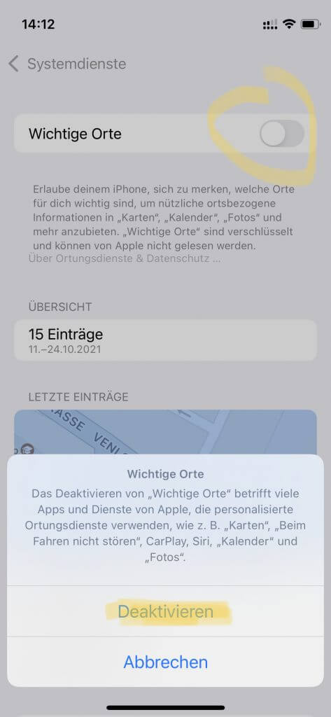 iOS 15 Einstellungen: Wichtige Orte abschalten