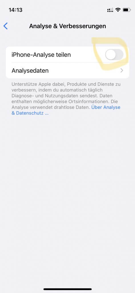 iOS 15 Einstellungen: iPhone-Analysen nicht teilen