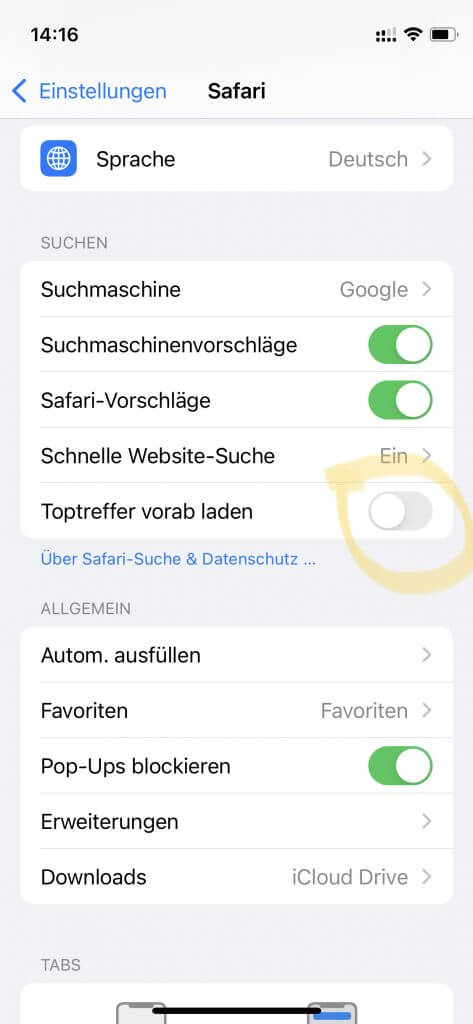 iOS 15 Einstellungen: Safari Toptreffer vorab laden abschalten