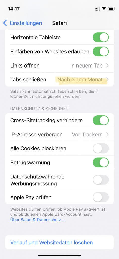 iOS 15 Einstellungen: Safari Tabs automatisch schließen