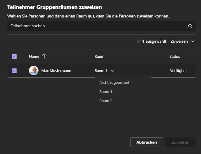 Teilnehmer den Teams Gruppenräumen zuweisen